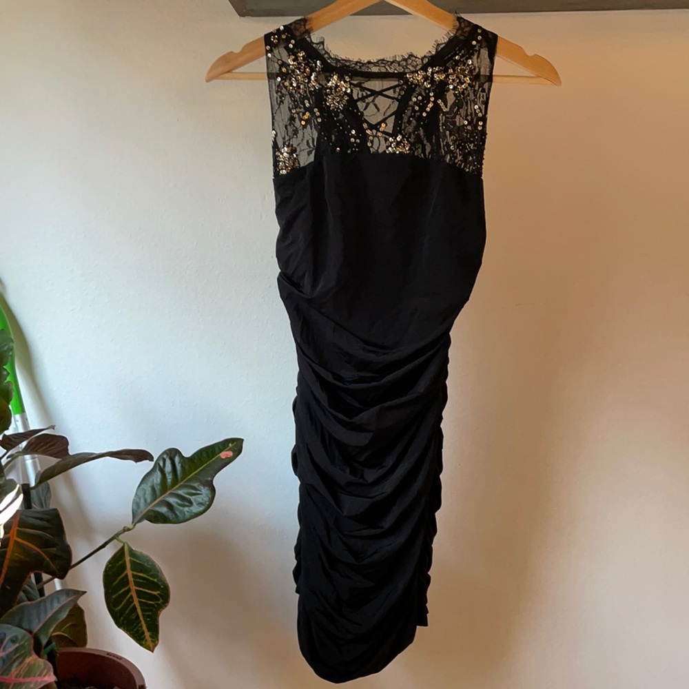 Black Bodycon Dress with Lace and Gold Sequins